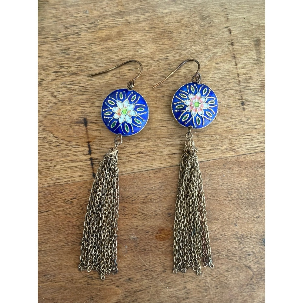 Vintage Enamel Cloisonne 3"Tassel Earrings Blue Floral Boho Drop Dangle Bronze